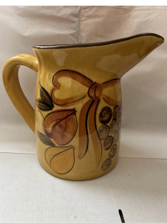 Los angelos pottery Other - Yellow Ceramic Pitcher with Fruit and Bow Motif